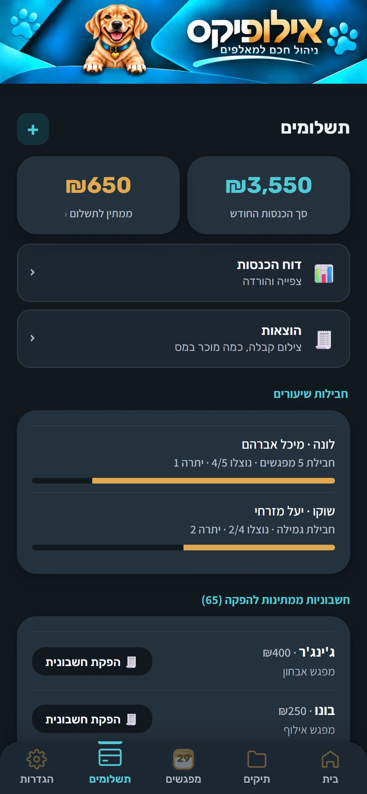 מסך התשלומים באילופיקס: חבילות מפגשים וחשבוניות ממתינות להפקה