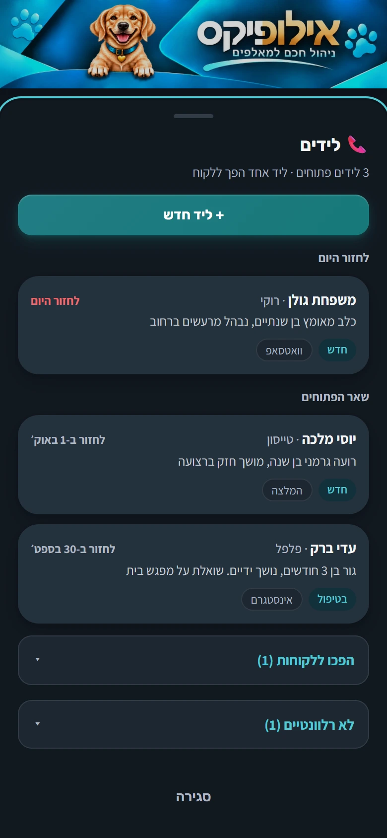 לידים: שלושה פתוחים, אחד לחזור היום, ואחד שהפך ללקוח
